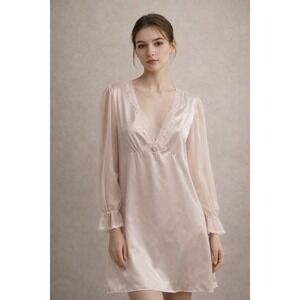 Romantic Satin Lace Nightgown‎ Peach Sheer Sleeves Colesce Collection Medium
